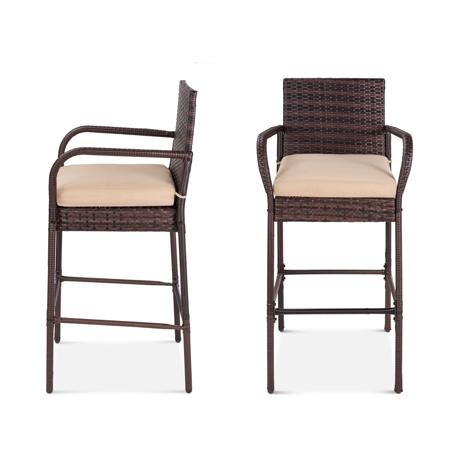 Set of 2 Brown Indoor/Outdoor Wicker Bar Stools w/ 2 Tan Cushions - Free Shipping