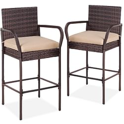 Set of 2 Brown Indoor/Outdoor Wicker Bar Stools w/ 2 Tan Cushions - Free Shipping