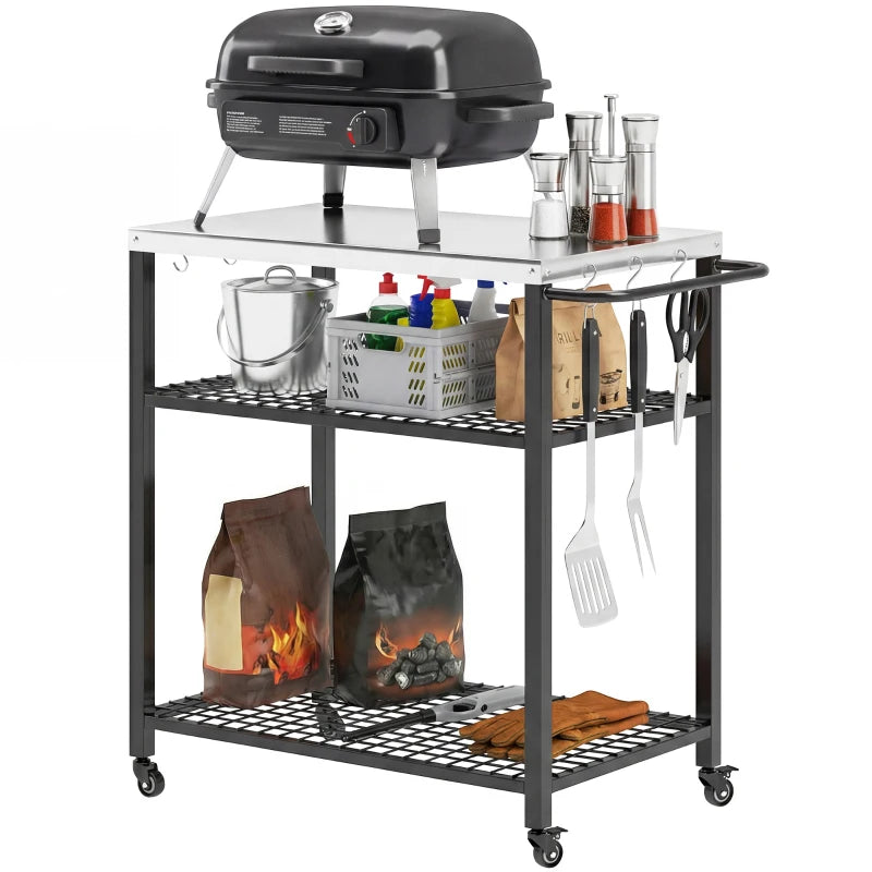 Outdoor Grill Cart with Stainless Steel Top, Two-Shelf Pizza Oven Stand, Food Prep Table on Wheels, Black