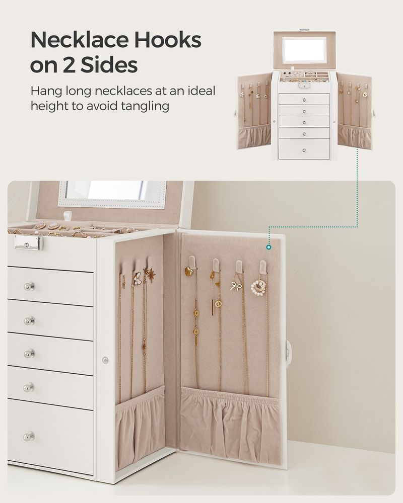 SONGMICS 6-Tier Lockable Jewelry Storage Case with Mirror & 5 Drawers – White