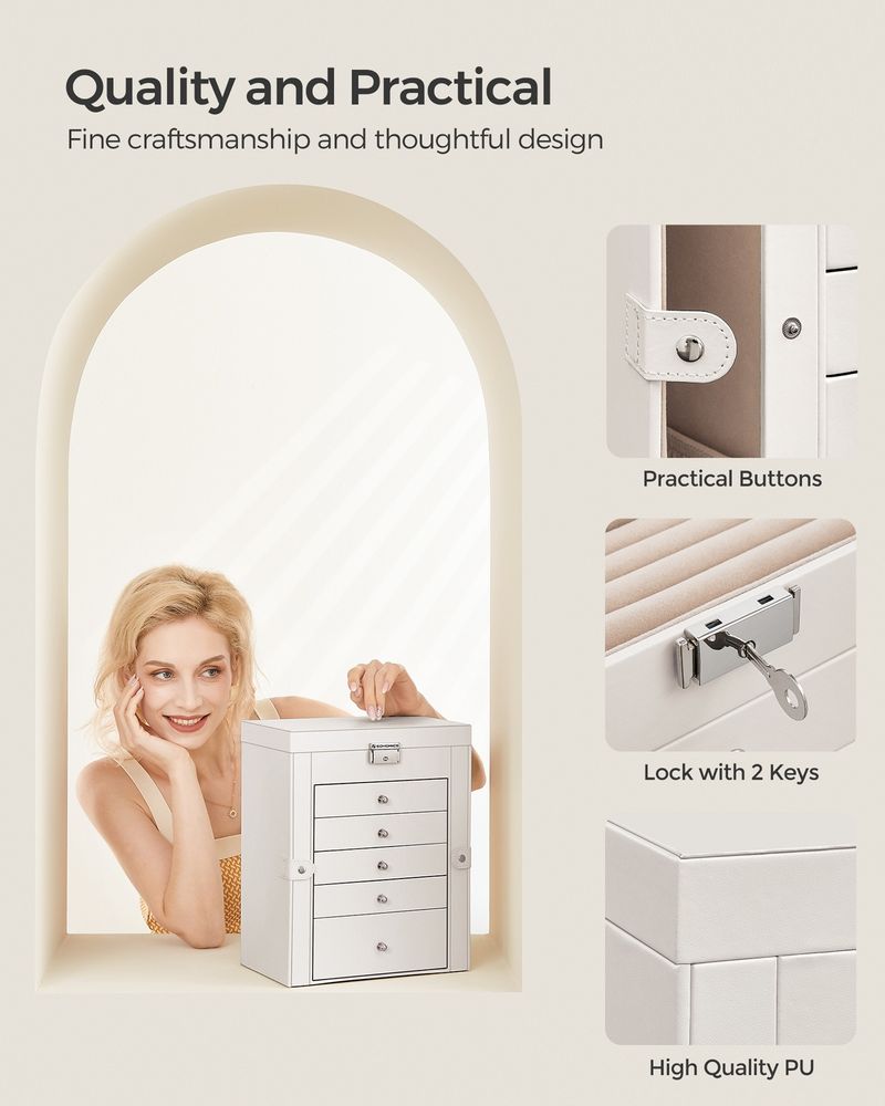SONGMICS 6-Tier Lockable Jewelry Storage Case with Mirror & 5 Drawers – White