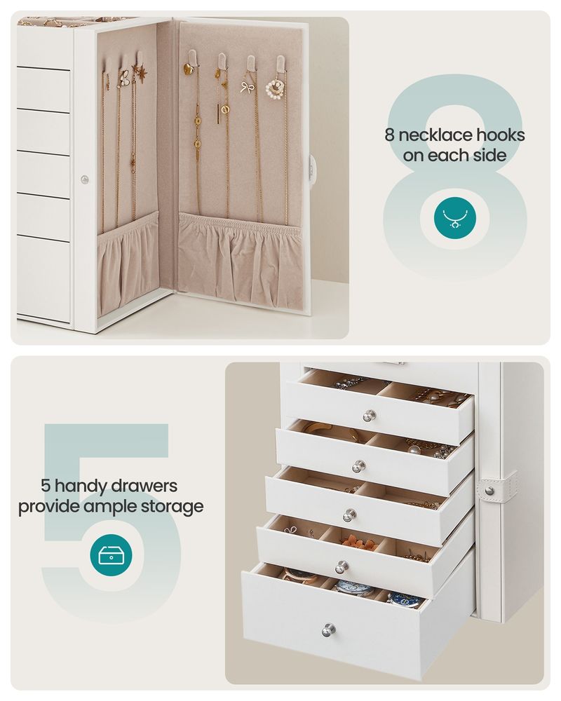 SONGMICS 6-Tier Lockable Jewelry Storage Case with Mirror & 5 Drawers – White