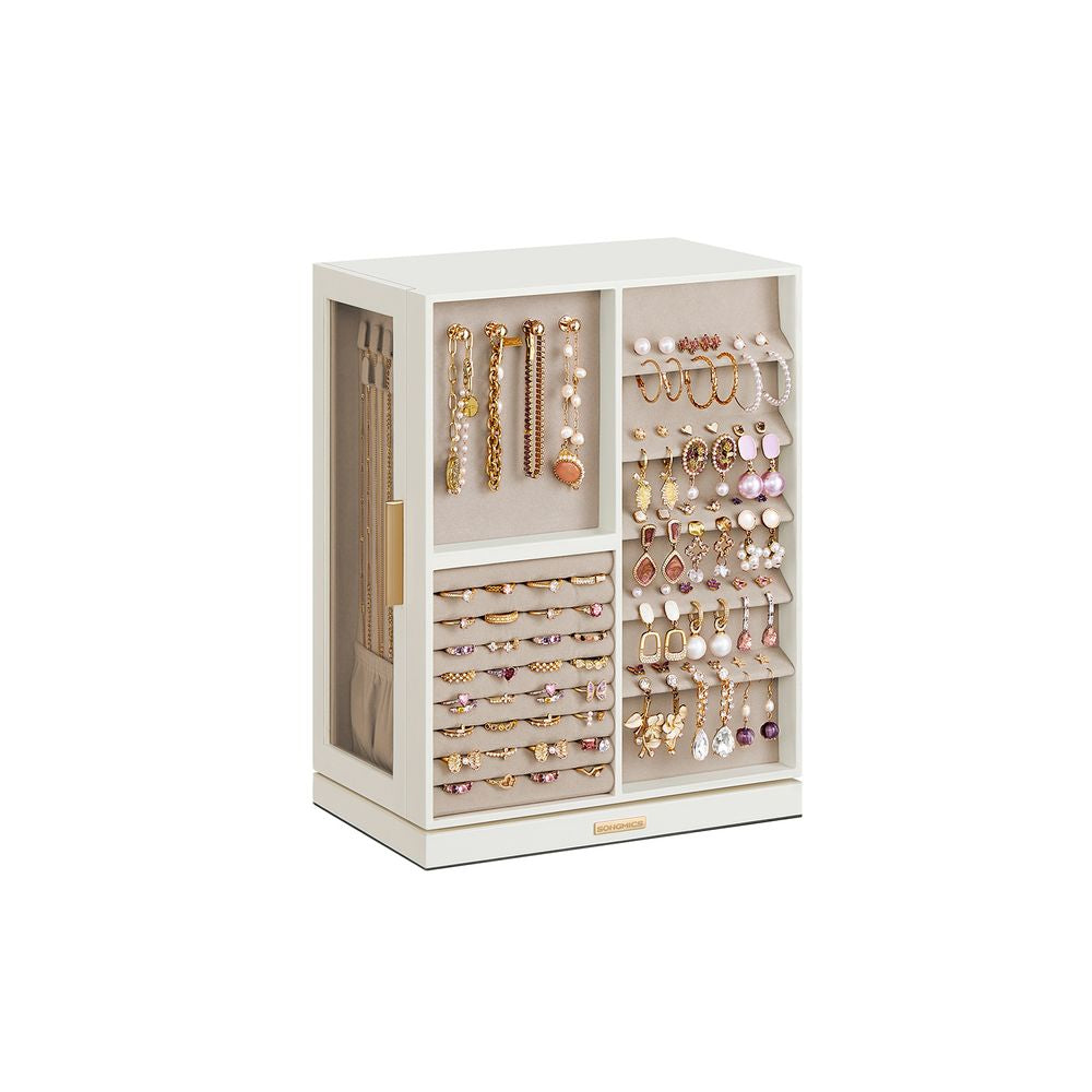Songmics 360° Rotating Jewelry Box with 7 Drawers, Velvet Lined, Necklace Hooks & Ring Storage – Cloud White