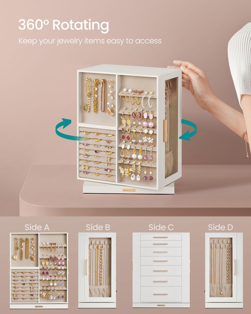 Songmics 360° Rotating Jewelry Box with 7 Drawers, Velvet Lined, Necklace Hooks & Ring Storage – Cloud White