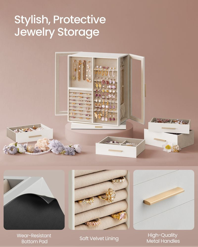 Songmics 360° Rotating Jewelry Box with 7 Drawers, Velvet Lined, Necklace Hooks & Ring Storage – Cloud White