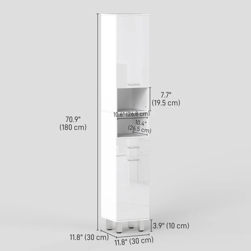 71" Tall Bathroom Storage Cabinet, Narrow Linen Tower with Drawer, Open Shelves, 2 Doors Cabinets and Adjustable Shelves, High Gloss White