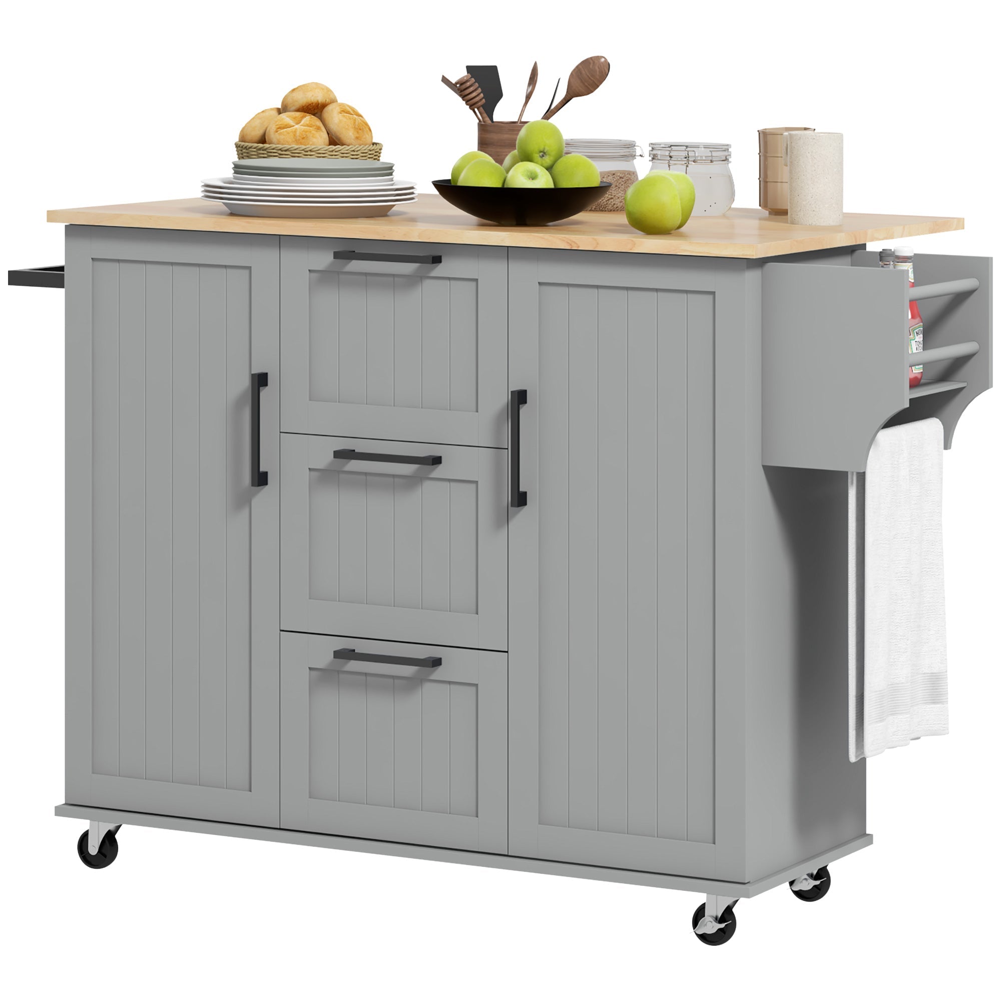 HOMCOM Rolling Kitchen Cart on Wheels with Drop Leaf, Kitchen Island with 3 Drawers, Solid Wood Top and Towel Rack, Grey
