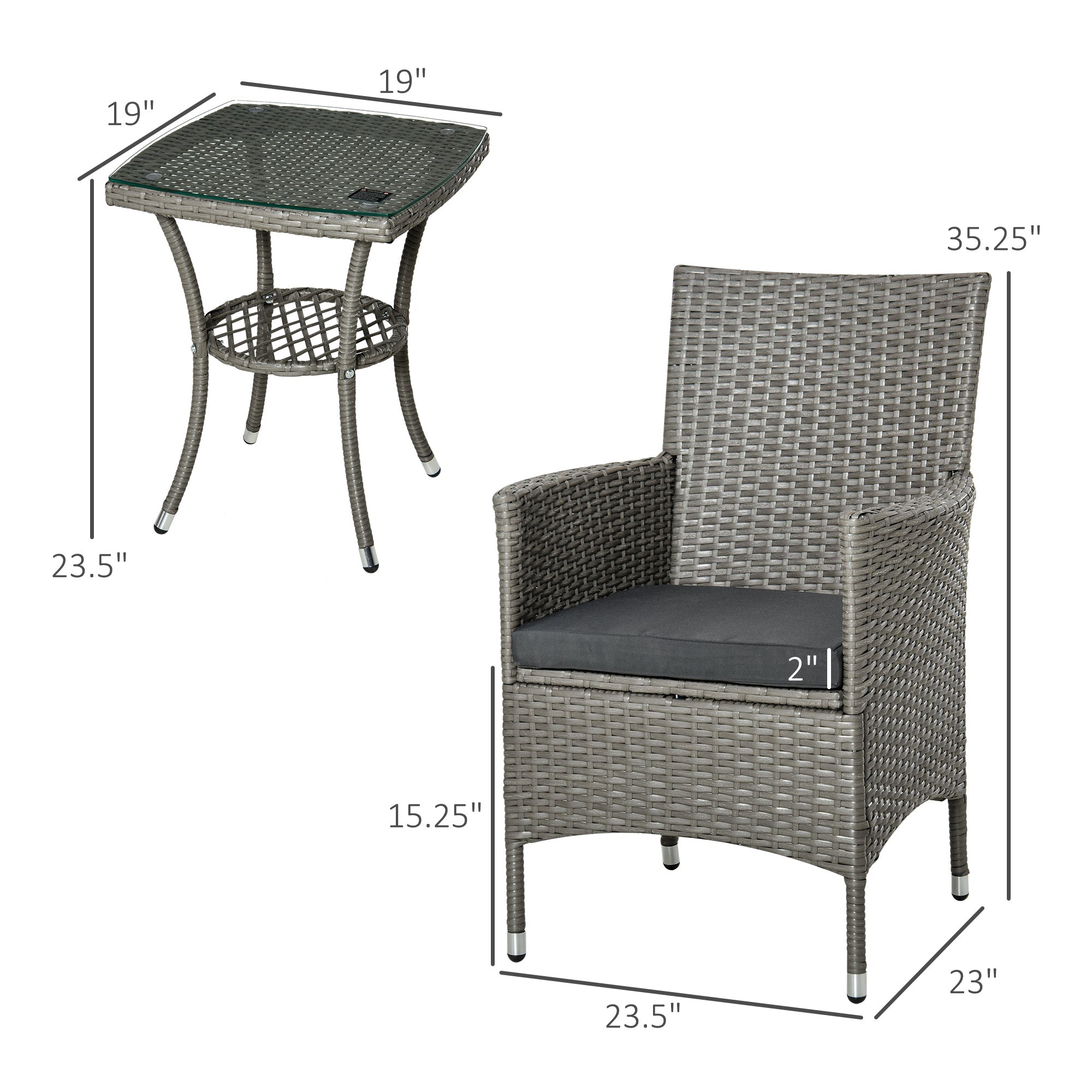 Outsunny 3PC Rattan Patio Bistro Set - Outdoor Furniture with Armchairs, Glass Coffee Table, Grey