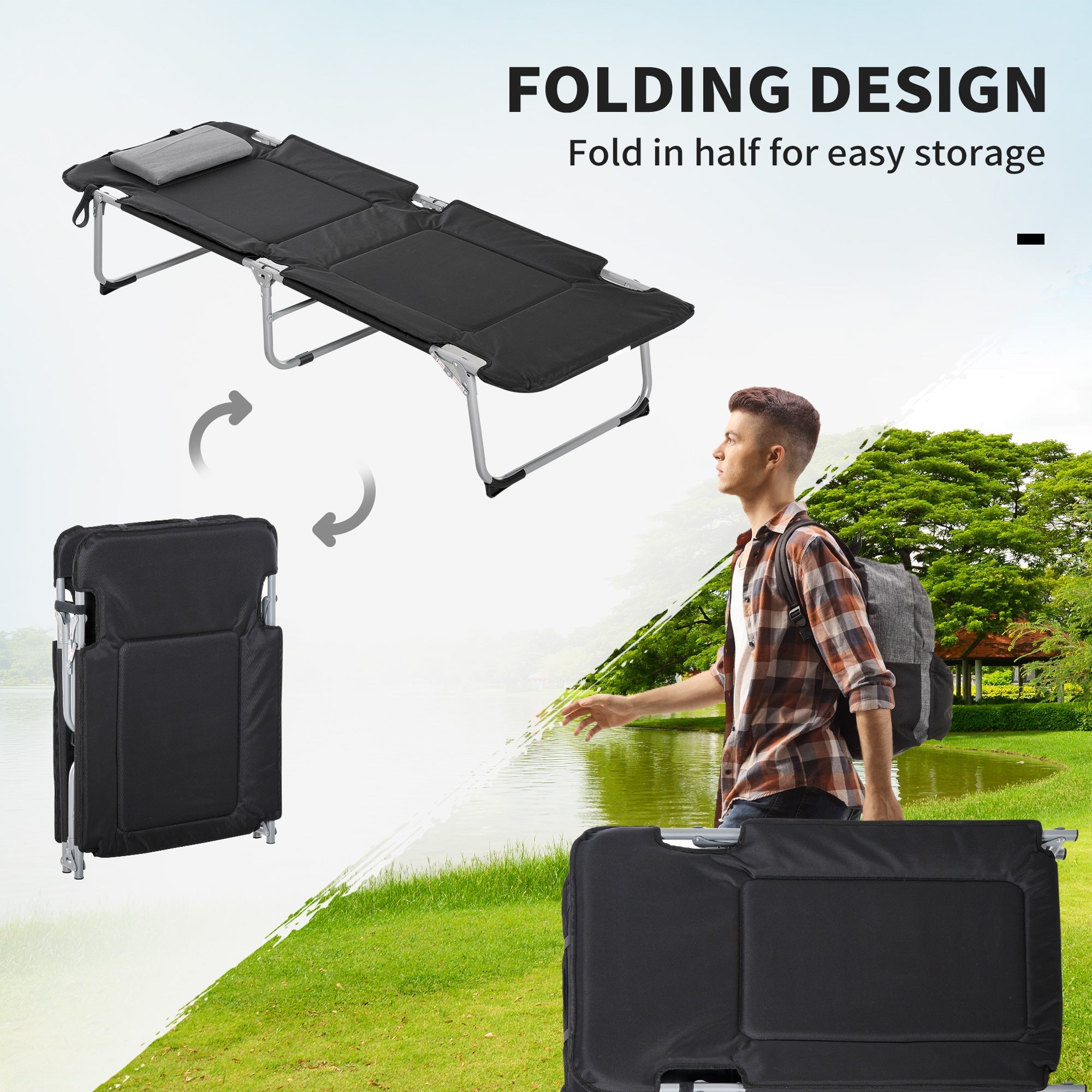 Outsunny Folding Camping Cot Sleeping Bed for Adults Office Outdoor Hiking Portable Black
