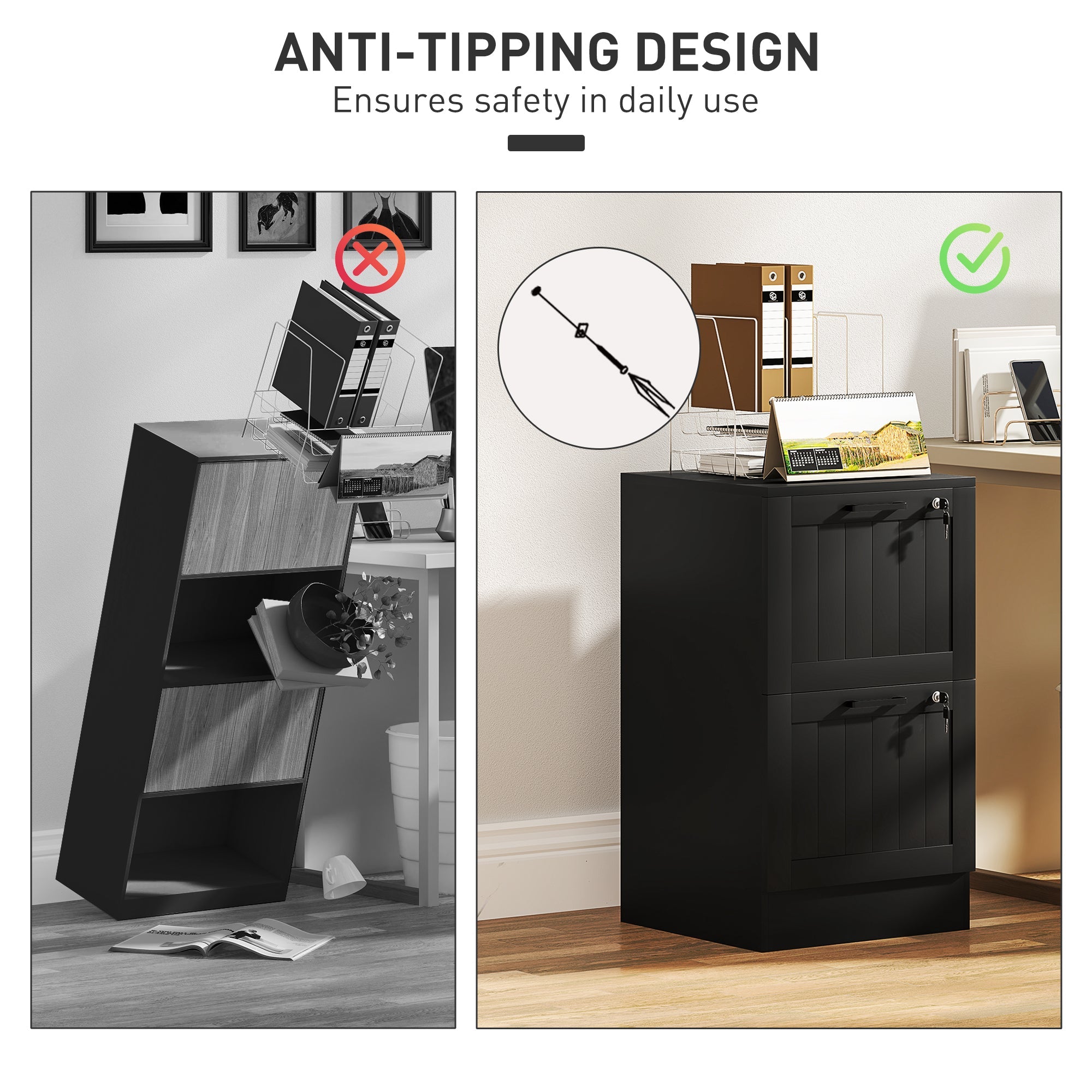 HOMCOM 2 Drawer Filing Cabinet with Lock, Office Storage Cabinet with Adjustable Hanging Bars for A4 Letter Size Files, Black