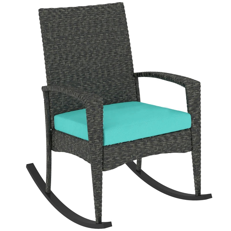 Outdoor Rocking Chair, Patio Wicker Chair Removable Cushion, High Back and Armrests for Porch Balcony, Turquoise