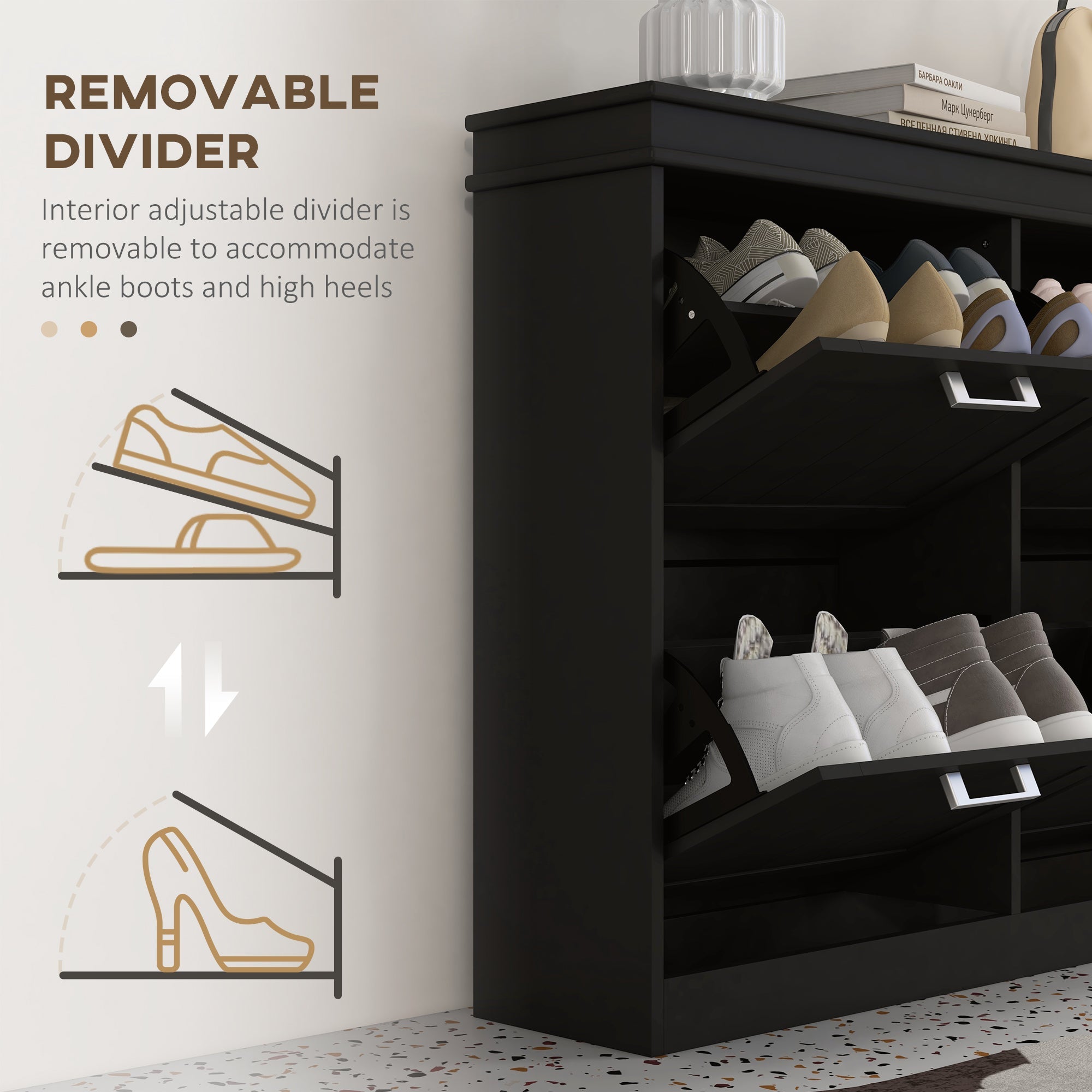 HOMCOM Shoe Storage Cabinet: Space-Saving Design with 4 Flip Drawers & Adjustable Shelves for 20 Pairs, Black