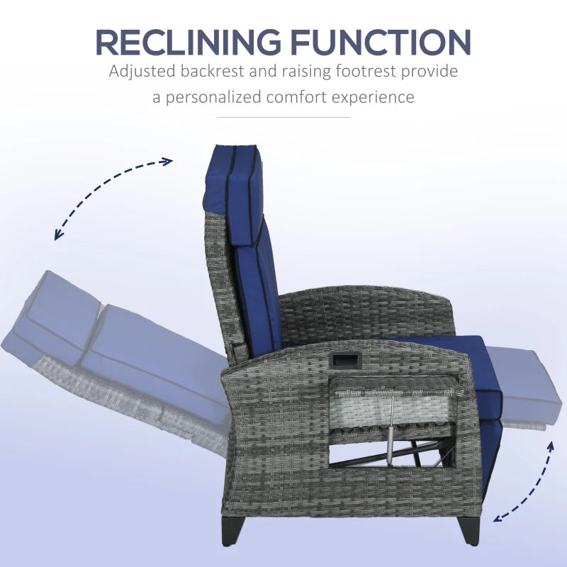 Outdoor Recliner Chair with Adjustable Backrest and Footrest, Washable Cushion, Side Tray, Dark Blue