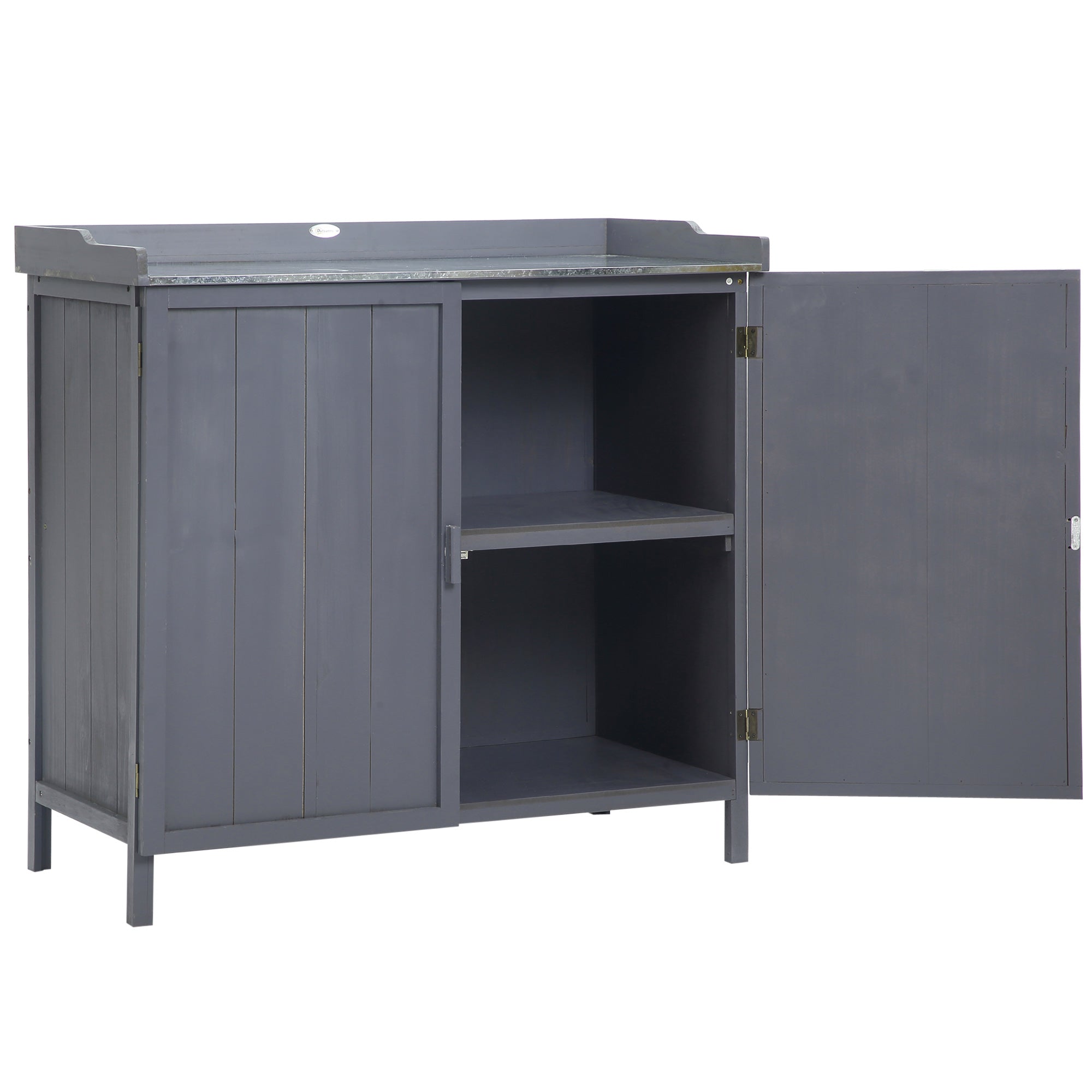 Outsunny Garden Storage Cabinet, Outdoor Potting Bench Table with Galvanized Top and Shelf, Tool Shed with Double Doors, Grey