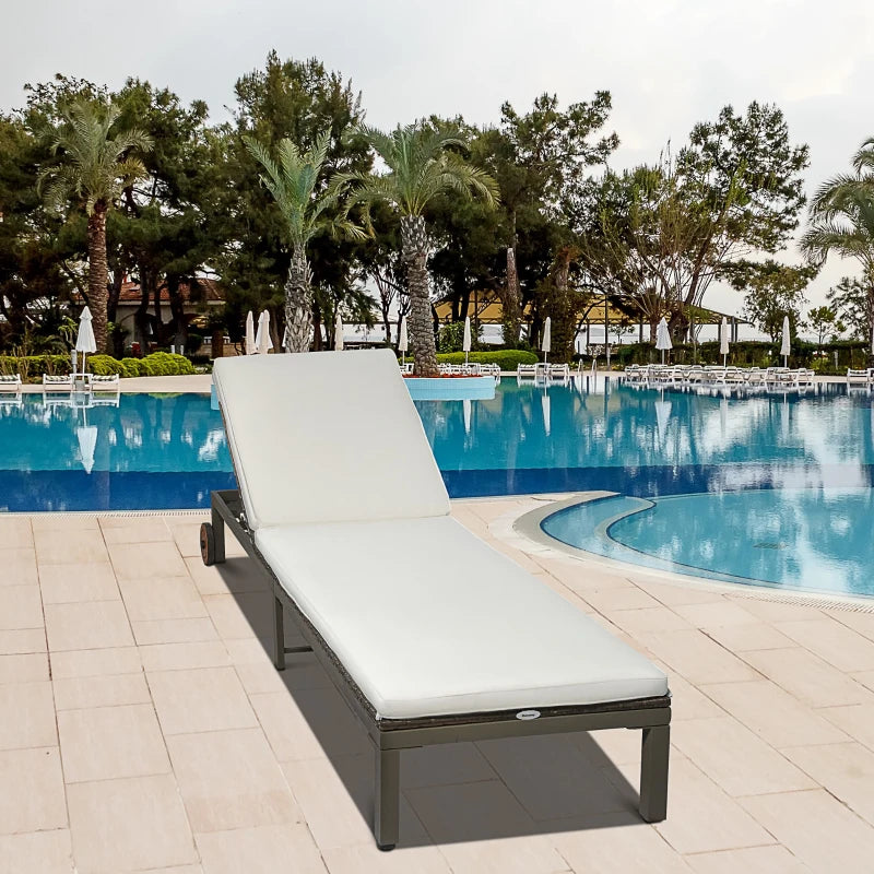 Patio Rattan Sun Lounger with 4-Level Adjustable Backrest and Wheels, Wicker Chaise Lounge Chair with Cushion, for Patio, Deck, Poolside Cream White
