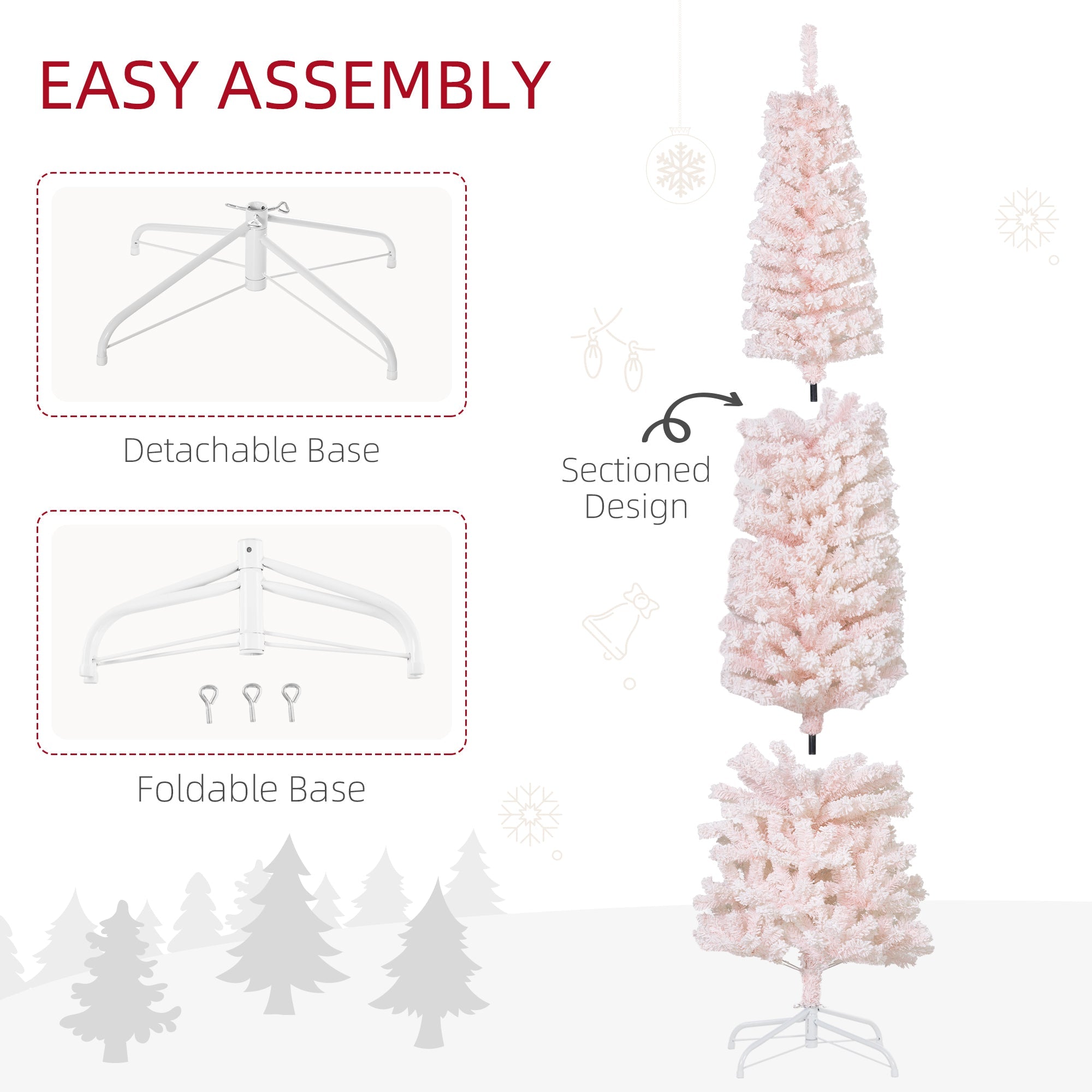 HOMCOM 7.5ft Flocked Christmas Tree, Pencil Christmas Tree with Realistic Branch Tips, Folding Metal Stand, Pink