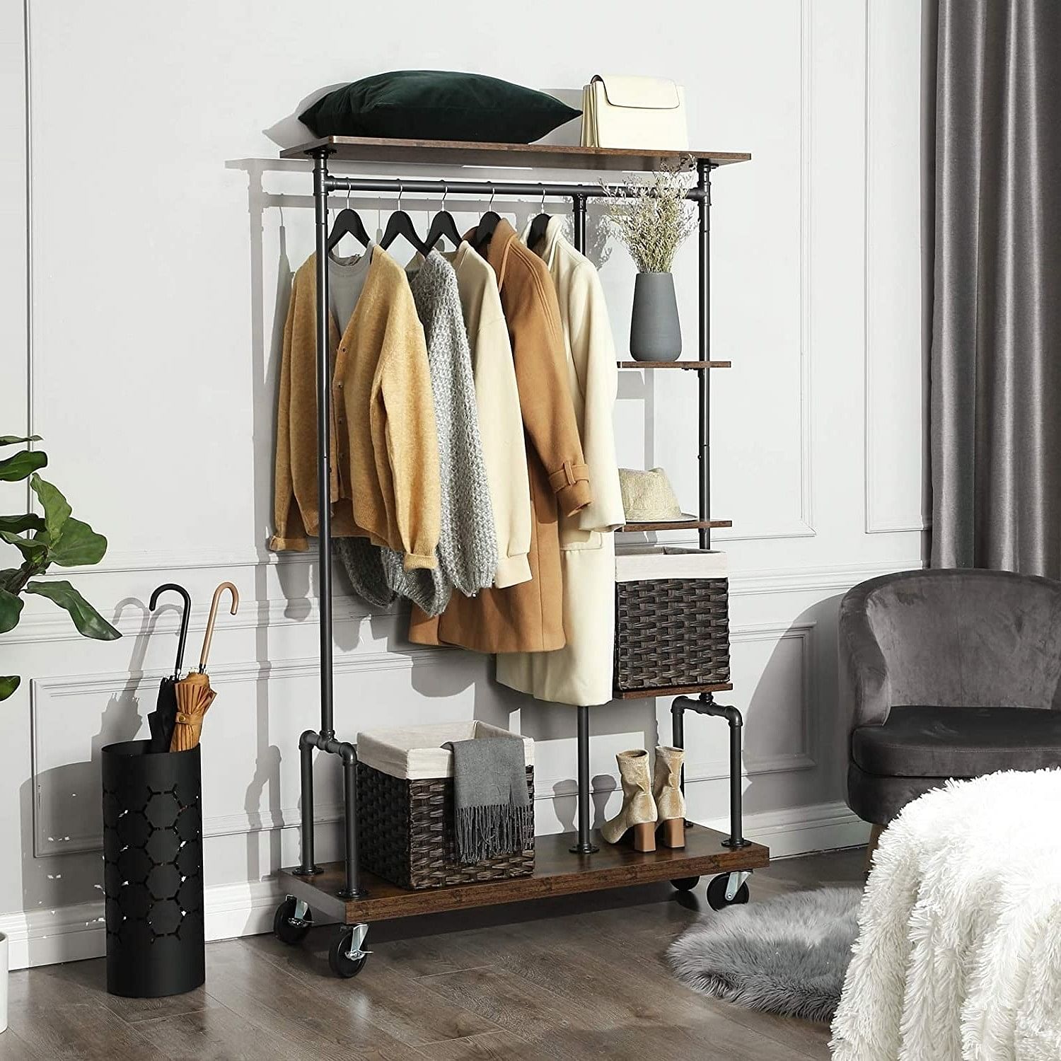 Farmhouse 5 Tier Laundry Pipe Garment Closet Rack Wheels - Free Shipping