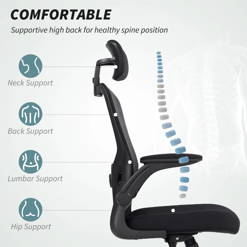 Ergonomic Office Chair, Mesh Desk Chair with Adjustable Headrest, Lumbar Support and Height, Flip-Up Armrests, Black