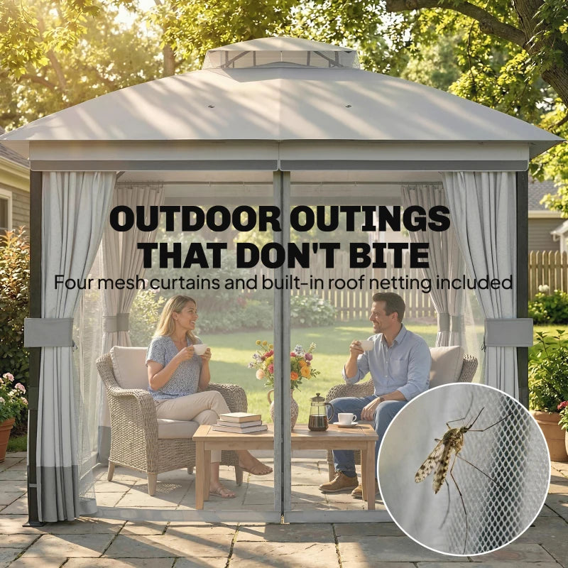 10' x 10' Patio Gazebo with Double Roof, Mesh Netting & Curtains, Steel Frame Outdoor Garden Gazebo, Light Grey