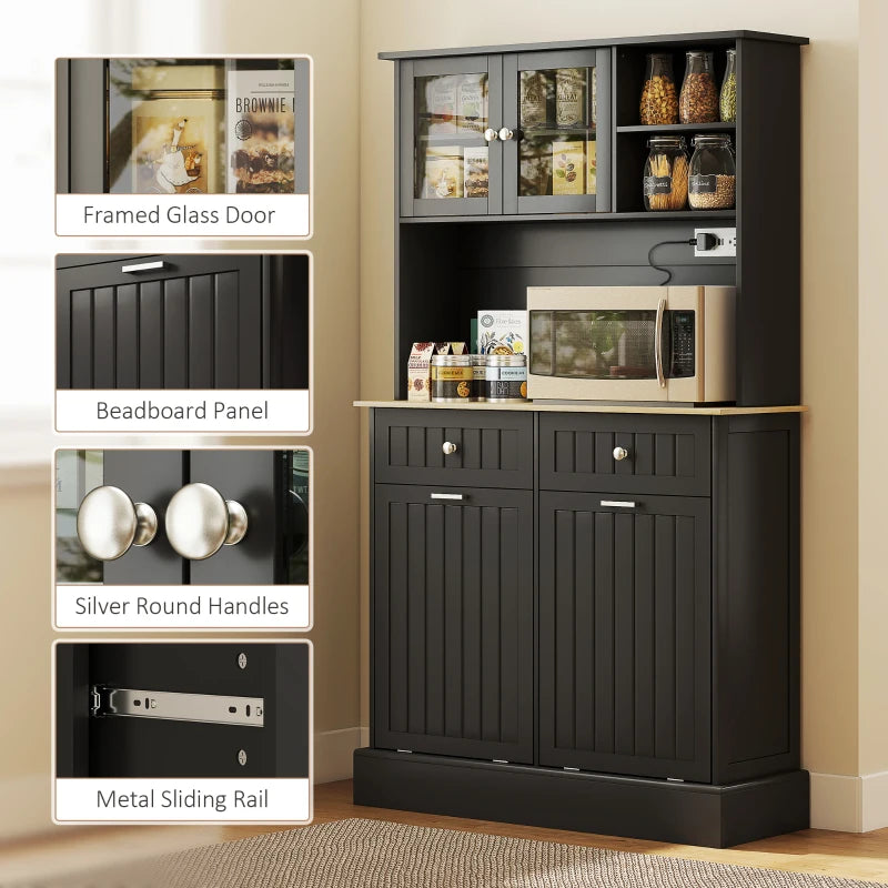 Kitchen Cabinet with Charging Station, 2 Tilt Out Cabinets, Microwave Stand, Freestanding Kitchen Pantry Cabinet, Black