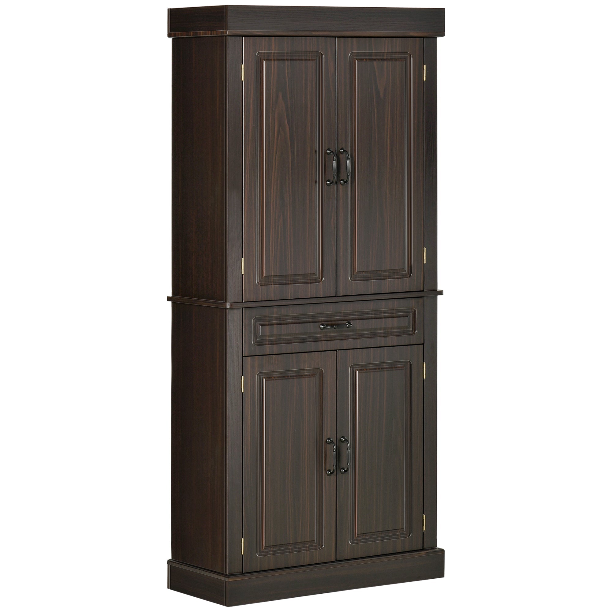 HOMCOM Coffee Wood Pantry Cabinet: 71" Tall Freestanding Kitchen Organizer with 4 Doors, 2 Cabinets & Drawer