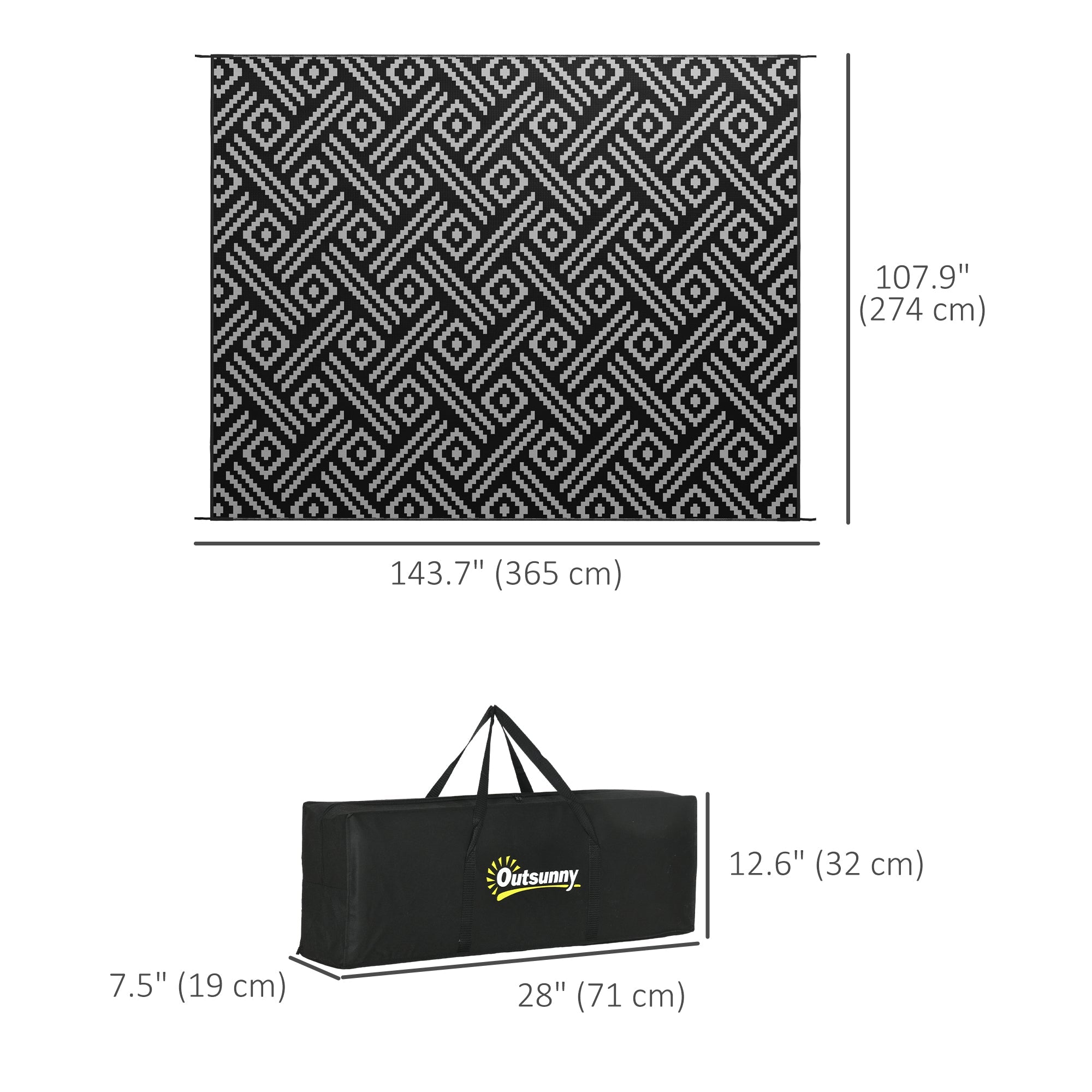 Outsunny Reversible Outdoor Rug, 9'x12', Waterproof Plastic Straw, Black & Grey Geometric, with Carry Bag - Versatile & Durable