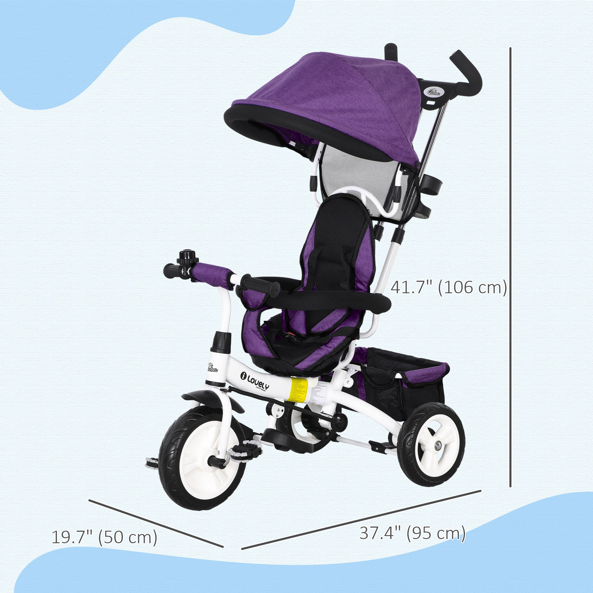 Qaba 4-in-1 Convertible Toddler Tricycle Stroller with Canopy Basket Safety Harness for Kids 12-60 Months Purple