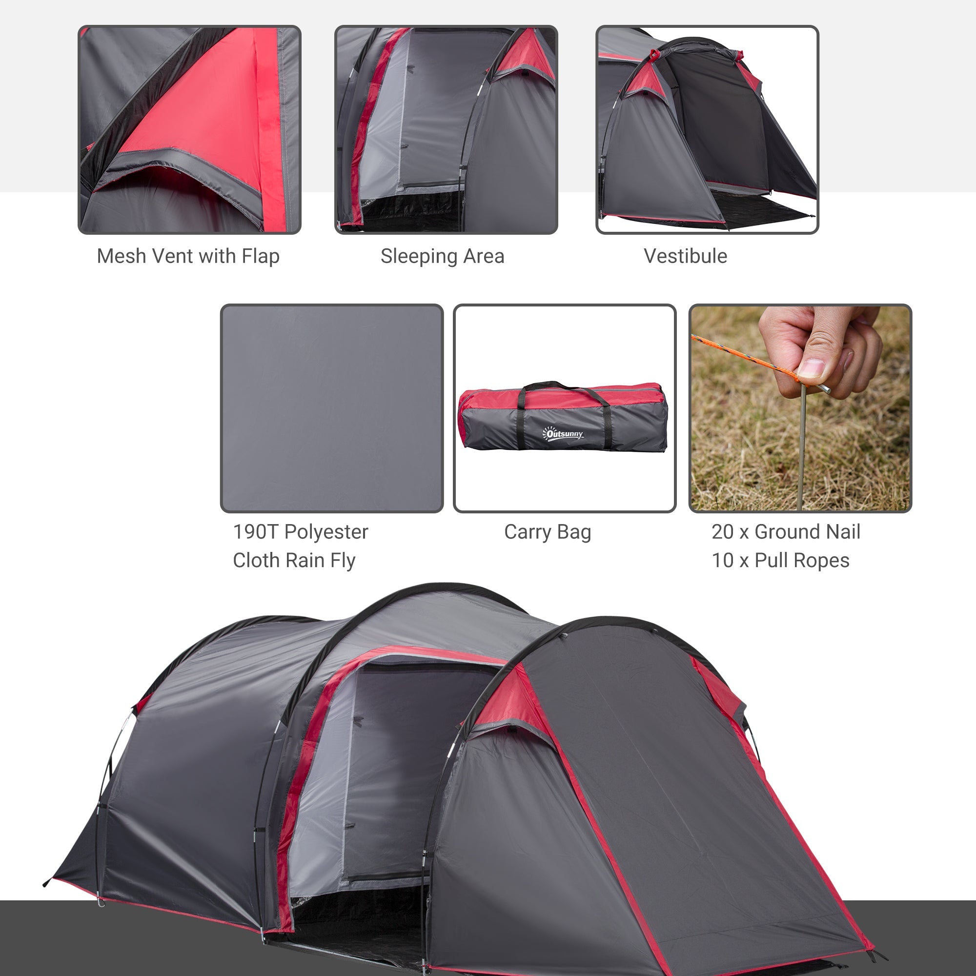 Outsunny Pop Up Camping Tent for 2-3 Person with Screen Room Zippered Doors Carry Bag for Outdoor Fishing Hiking Dark Grey