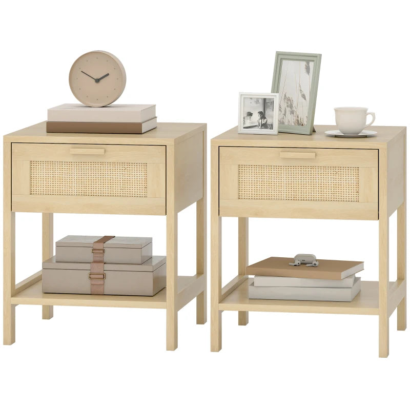 Narrow Nightstand with Rattan Elements, Bedside Table with Drawer and Storage Shelf for Bedroom, Set of 2, Natural Wood