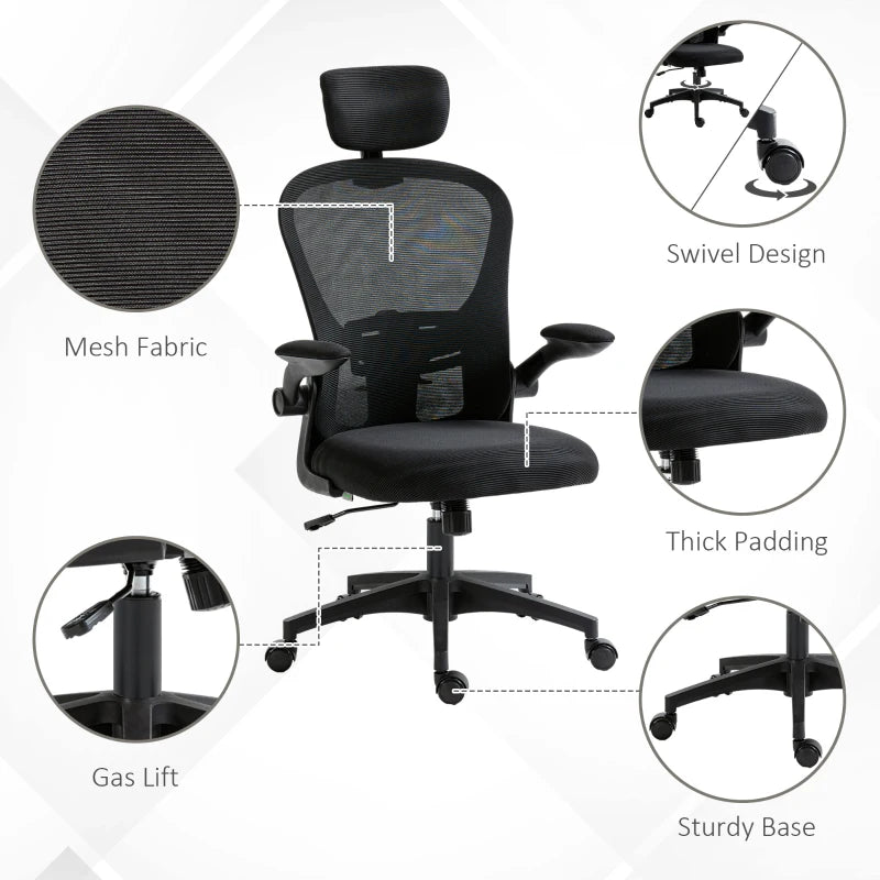 Office Chair, Mesh Computer Desk Chair with Adjustable Headrest, 4D Lumbar Support, Flip-up Arm, Black