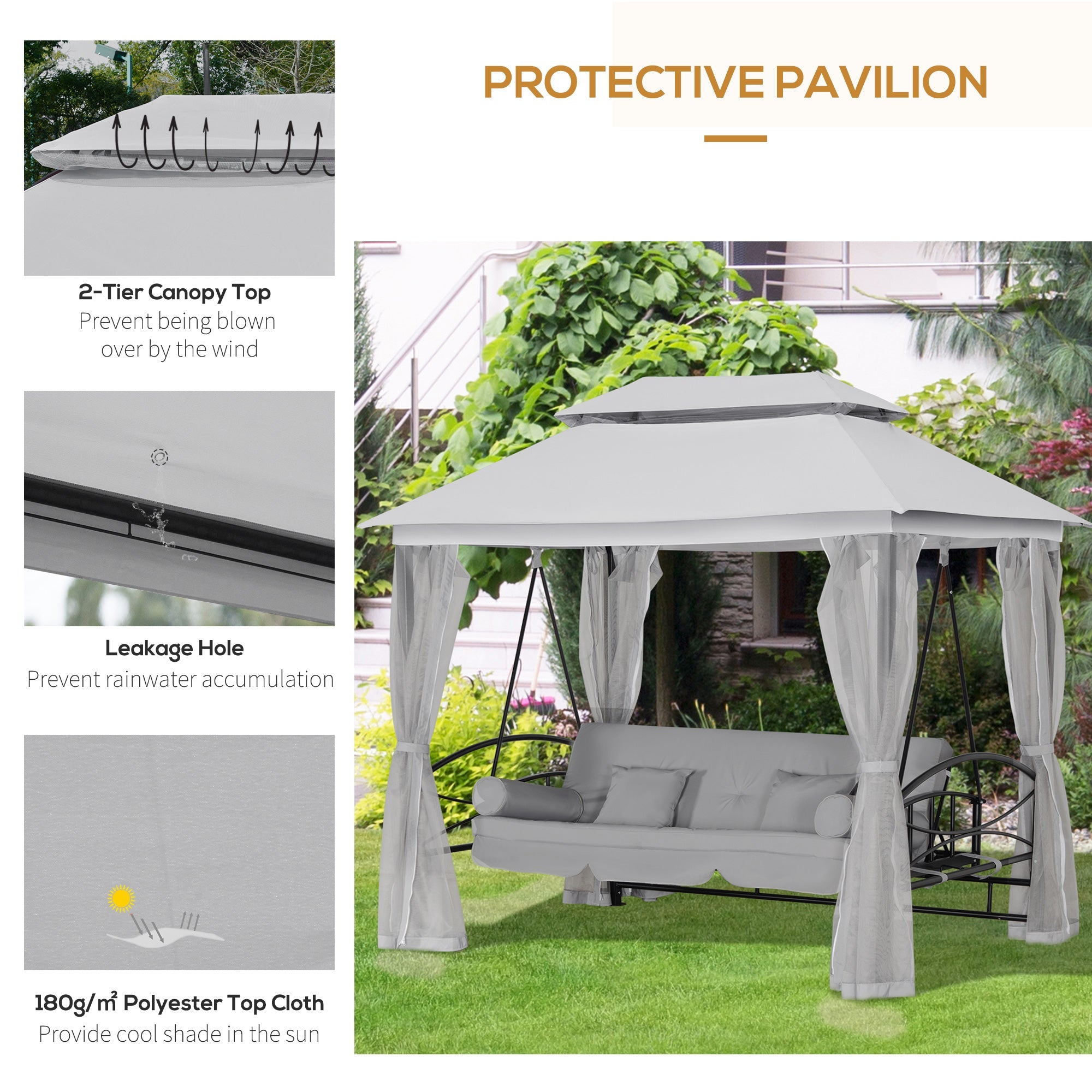 Outsunny 3 Person Outdoor Patio Daybed, 3 in 1 Canopy Gazebo Swing Chair Garden Hammock with Mesh Mosquito and Sun Shade, Grey