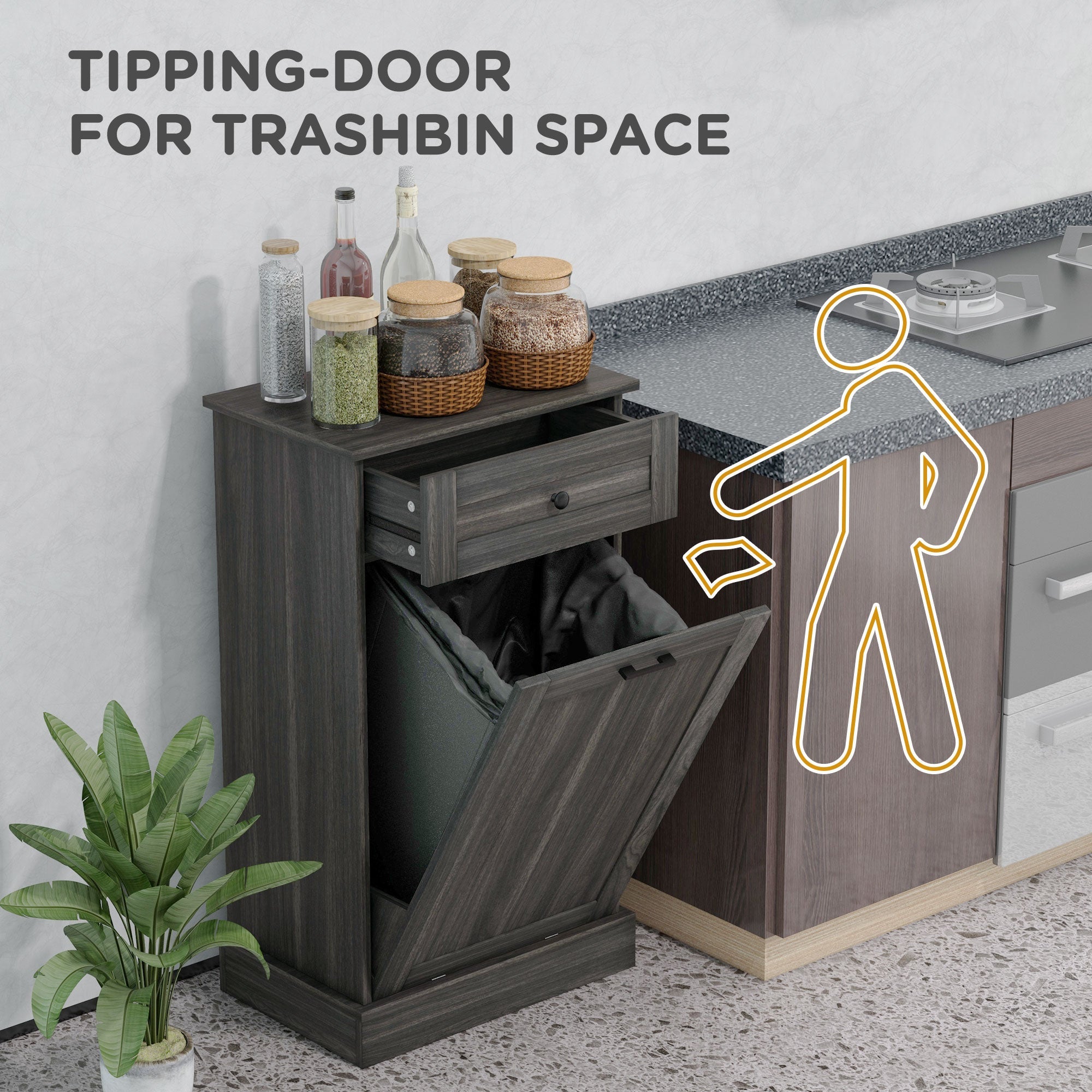 HOMCOM Kitchen Tilt Out Trash Bin Cabinet, Free Standing Recycling Cabinet, Trash Can Holder with Drawer, Charcoal Grey