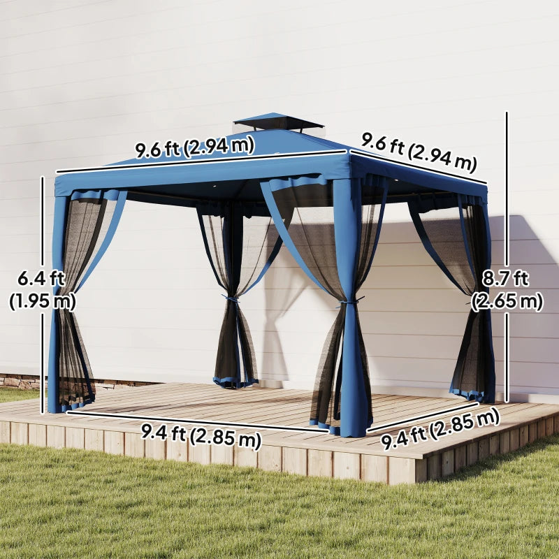 9.6' x 9.6' Patio Gazebo Outdoor Pavilion 2 Tire Roof Canopy Shelter Garden, Steel Frame w/ Mosquito Netting, Dark Blue