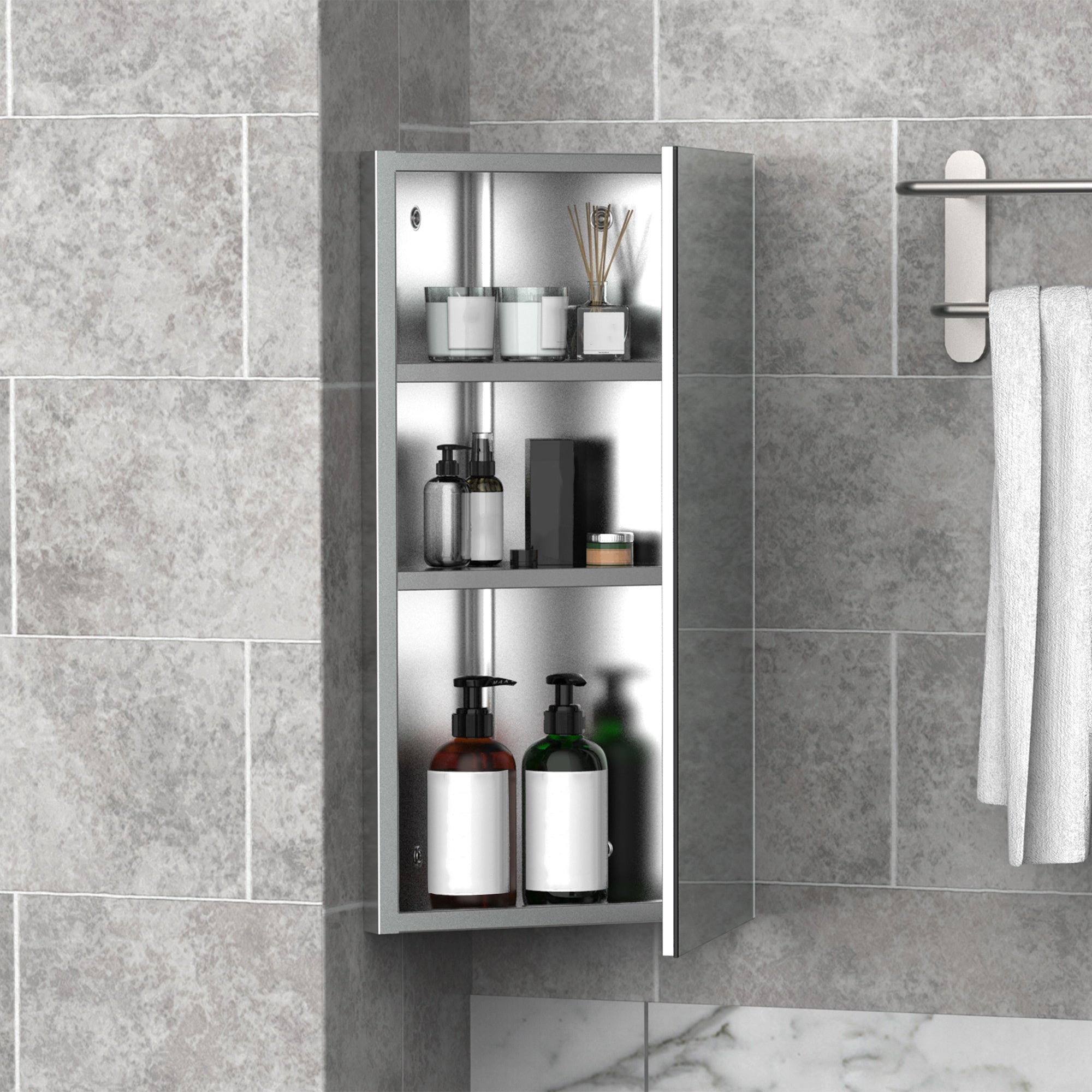 HOMCOM Sleek Corner Mirror Cabinet: Stainless Steel Wall Mounted Bathroom Storage with Single Door