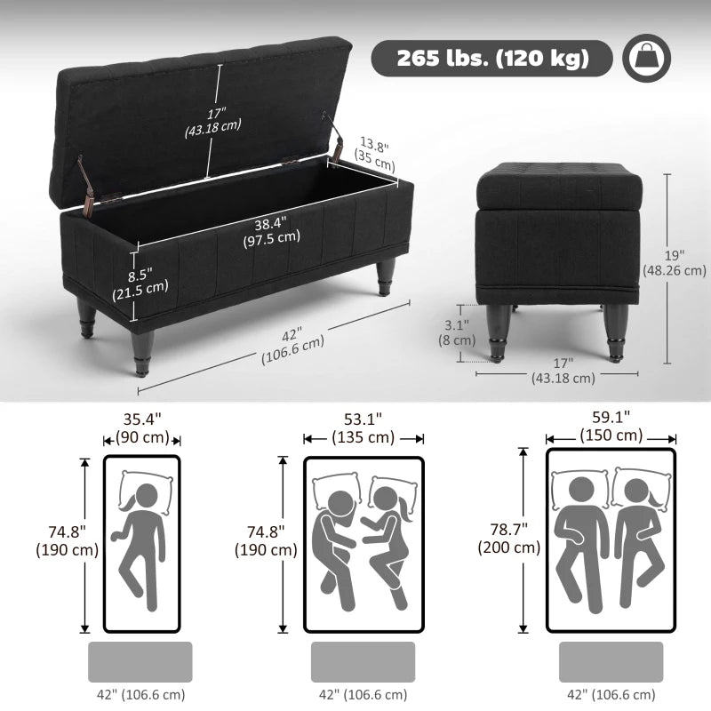 Storage Ottoman, Linen Fabric End of Bed Bench with Button Tufted Storage Bench for Bedroom, Black