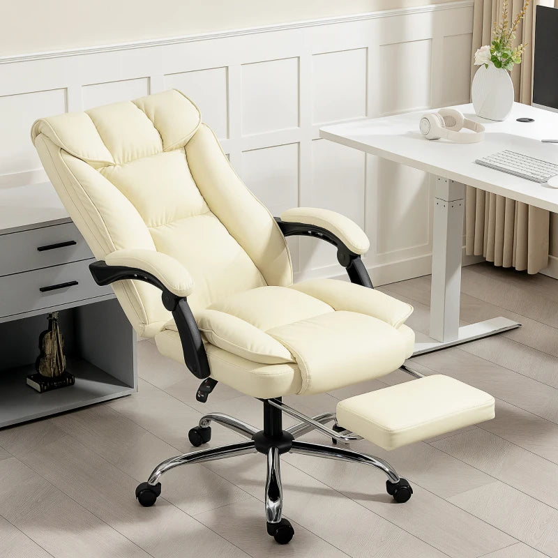 Executive Office Chair, Pet-Friendly Leather Ergonomic Desk Chair with Footrest, Swivel Recliner, Beige