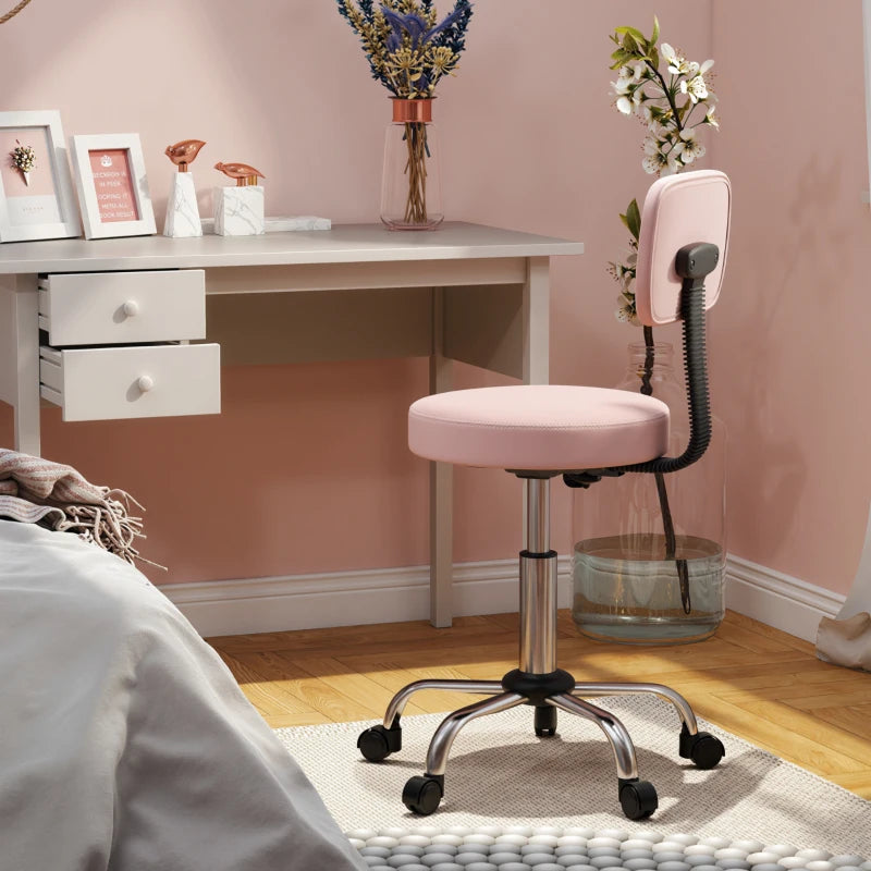 Adjustable Rolling Stool with Removable Backrest, Faux Leather Swivel Stool Chair for Salon Spa, Bar, Massage, Pink