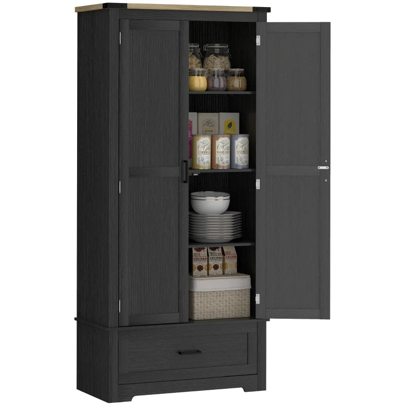 69" Tall Farmhouse Kitchen Pantry Cabinet with 2 Doors, Drawer and Adjustable Shelves, Black and Brown