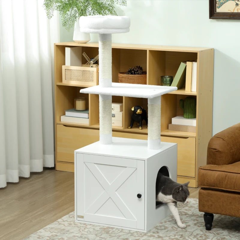 Cat Tree with Litter Box Enclosure, Sisal Covered Scratching Posts, Large Platform, Bed for Indoor Cats, White