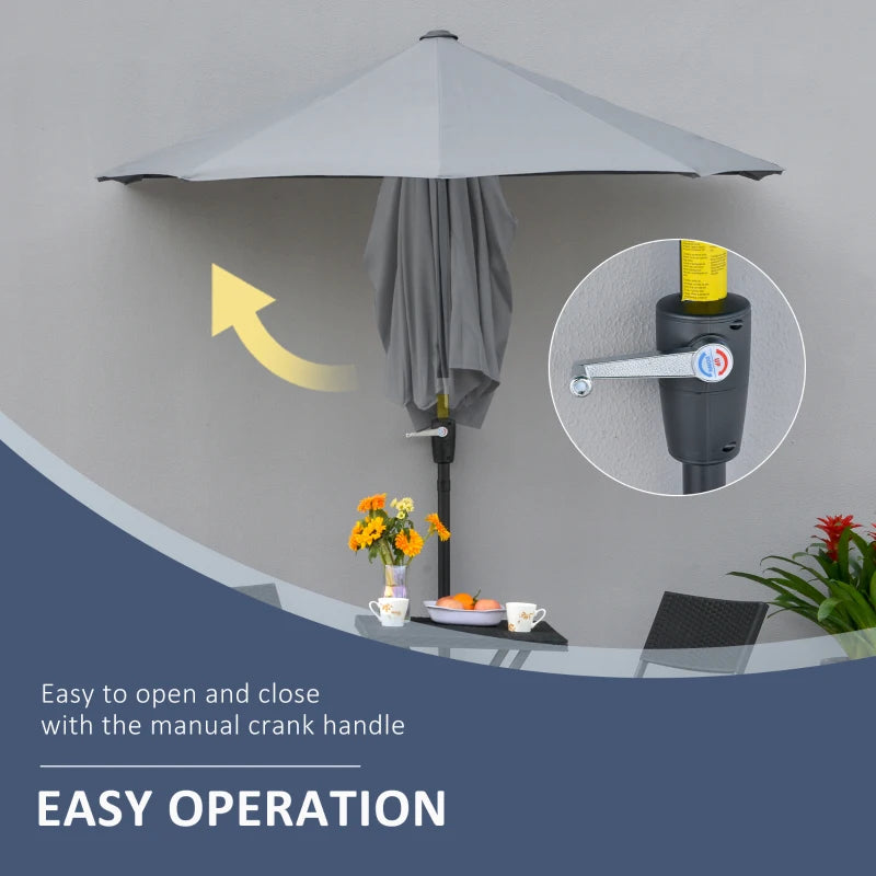 6.6 x 6ft Half Patio Umbrella Outdoor Parasol with Double-Sided Canopy, Crank Handle, Base for Garden, Balcony, Grey