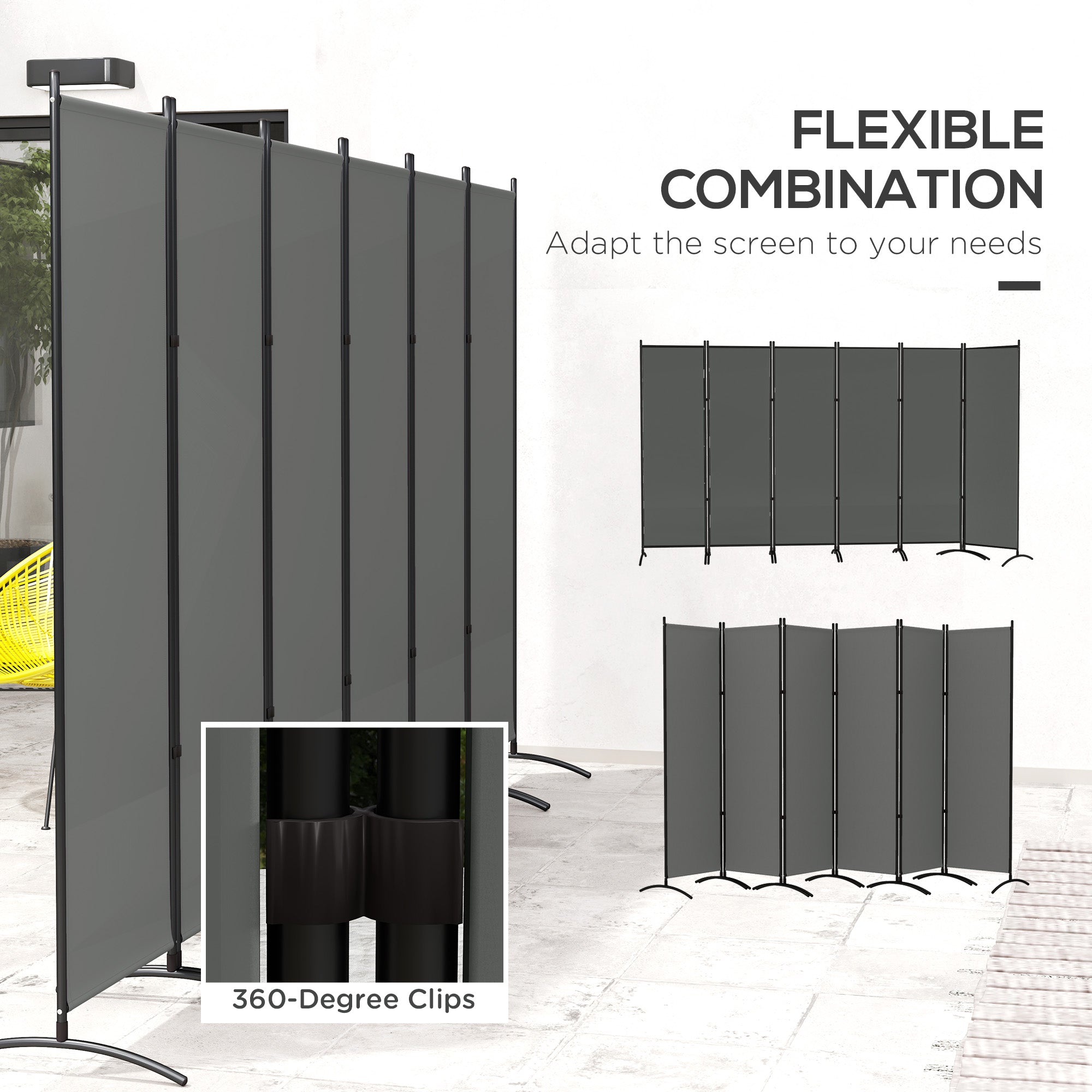 Outsunny 6 Panel Folding Room Divider, UV30+ Privacy Screen, Indoor Outdoor Privacy Panel with Stable Base, Dark Grey
