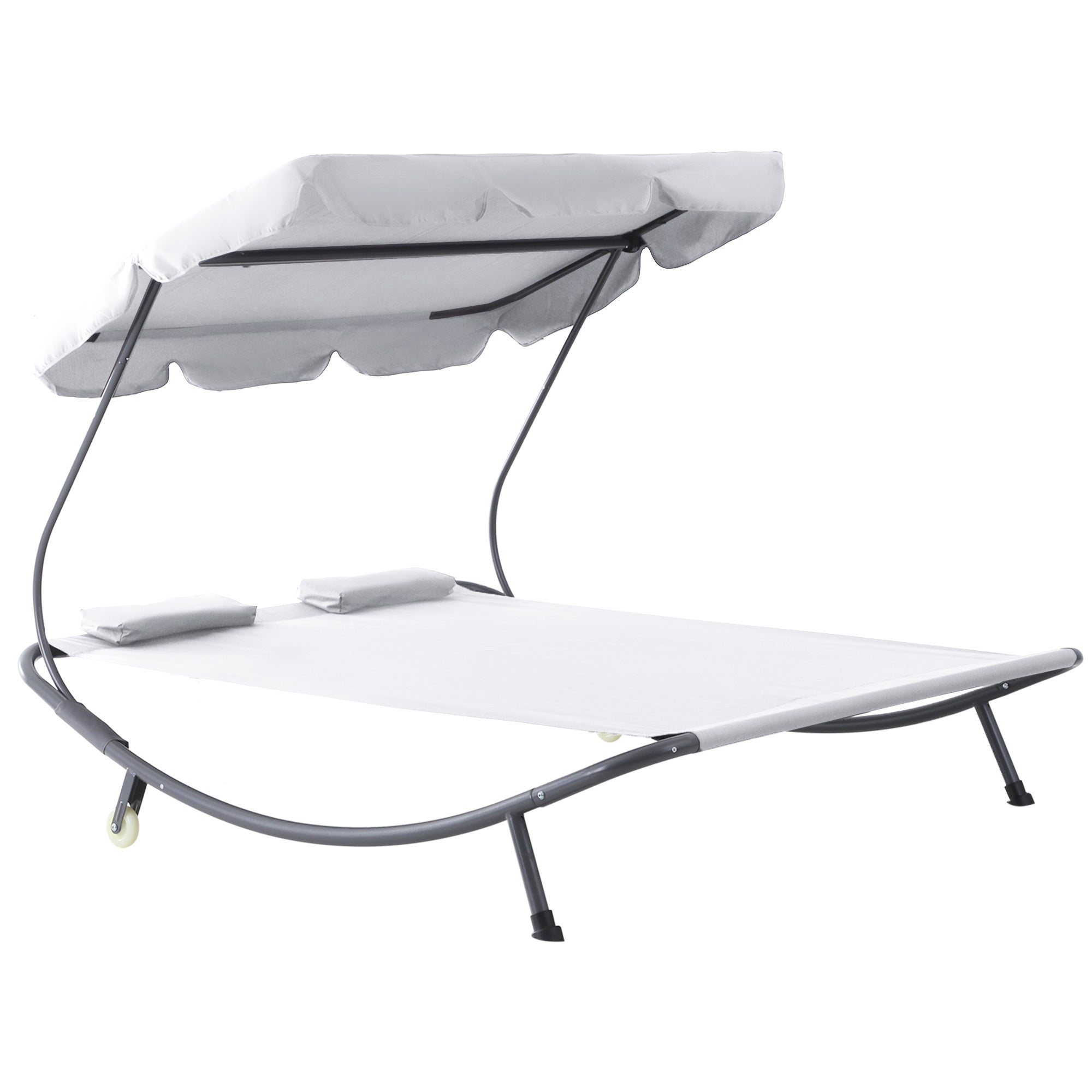 Outsunny Patio Double Chaise Outdoor Lounge Bed with Canopy and Headrest Pillow Cream White