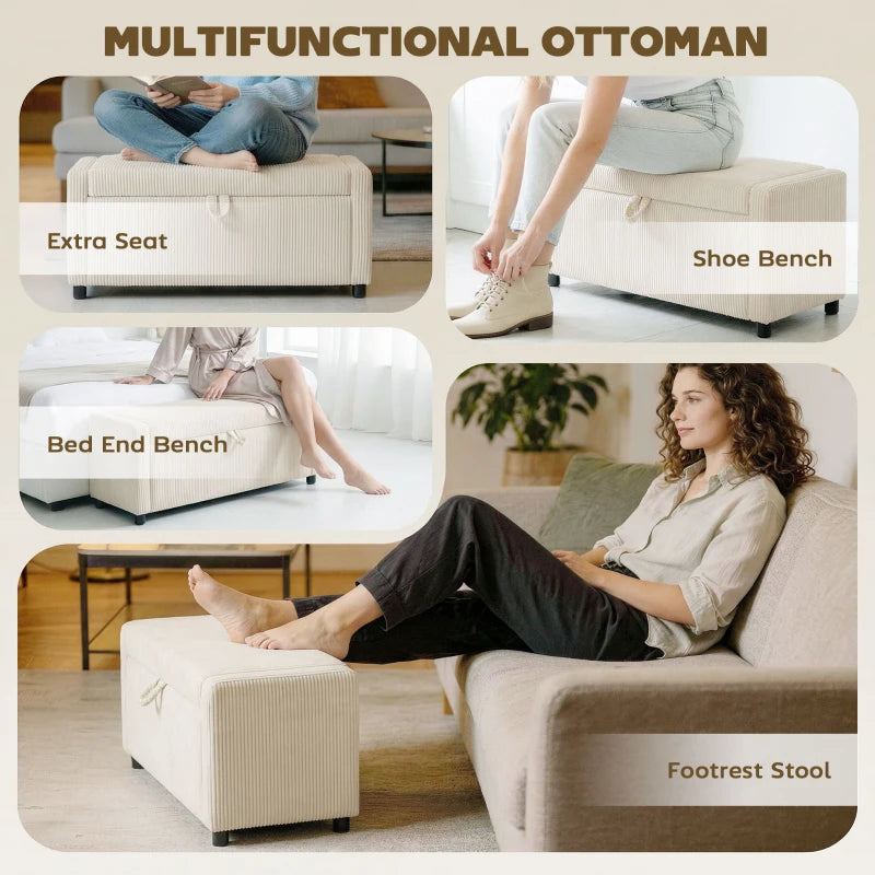 Storage Ottoman, Upholstered Corduroy End of Bed Bench with Thick Padding, Storage Bench for Bedroom, Beige