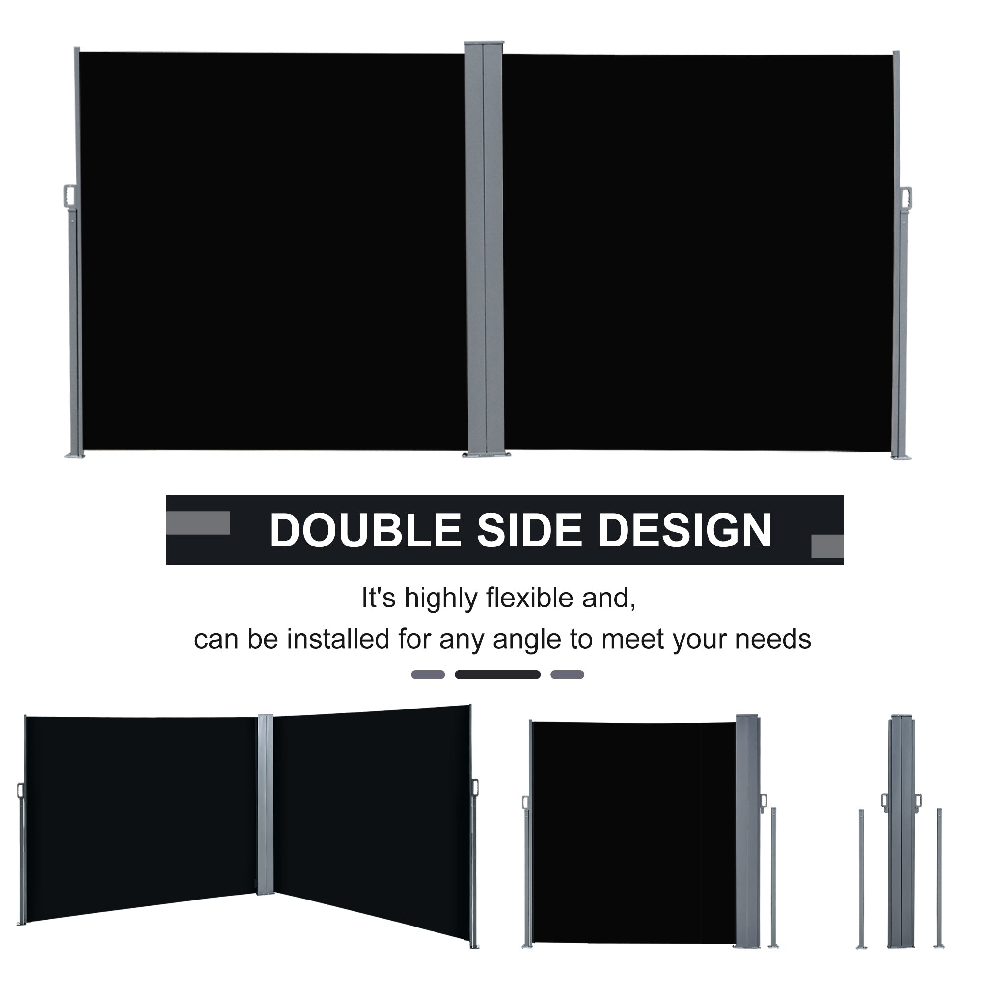 Outsunny Double Side Retractable Patio Privacy Screen Awning Outdoor Divider Sun Shade Wind Resistant Black