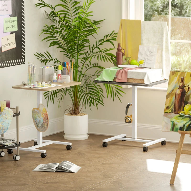 Height Adjustable Standing Desk, Pneumatic Sit Stand Desk with Wheels and Headphone Hook, Grey Wood Grain