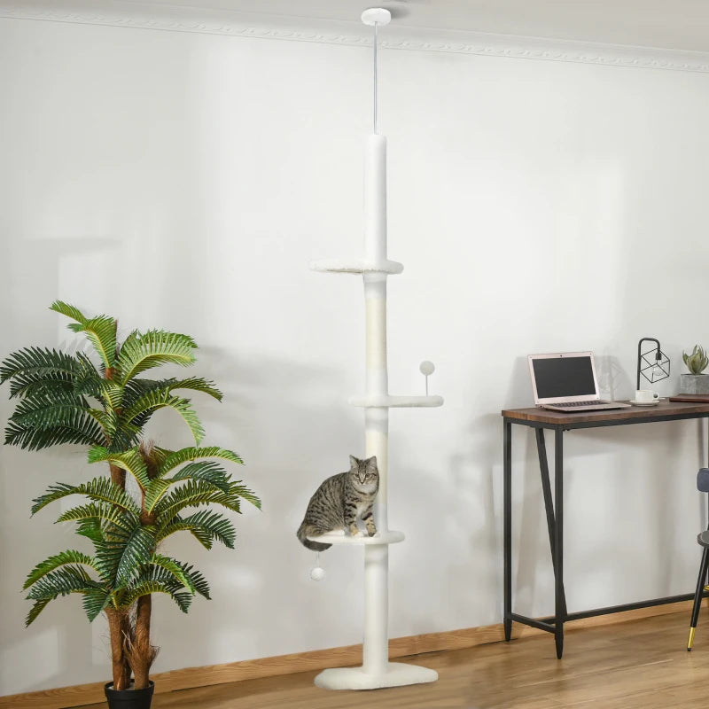 88.5"-100.5" Floor to Ceiling Cat Tree, Cat Tower with Scratching Posts, Cloud Shaped Platforms, Dangling Balls, Cream