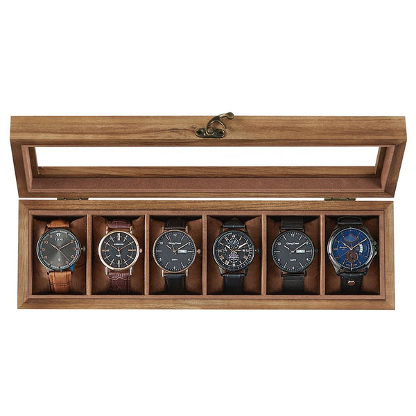 6-Slot Solid Wood Watch Box with Glass Lid, Rustic Walnut Watch Organizer & Display Case