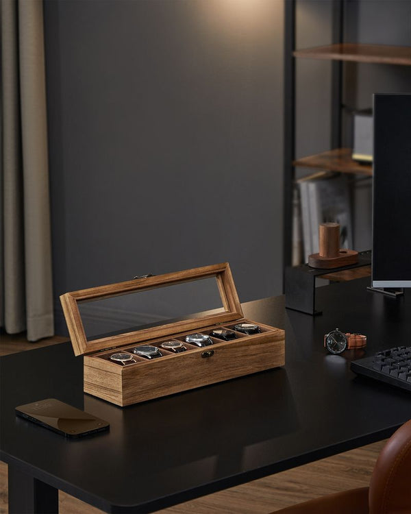 6-Slot Solid Wood Watch Box with Glass Lid, Rustic Walnut Watch Organizer & Display Case