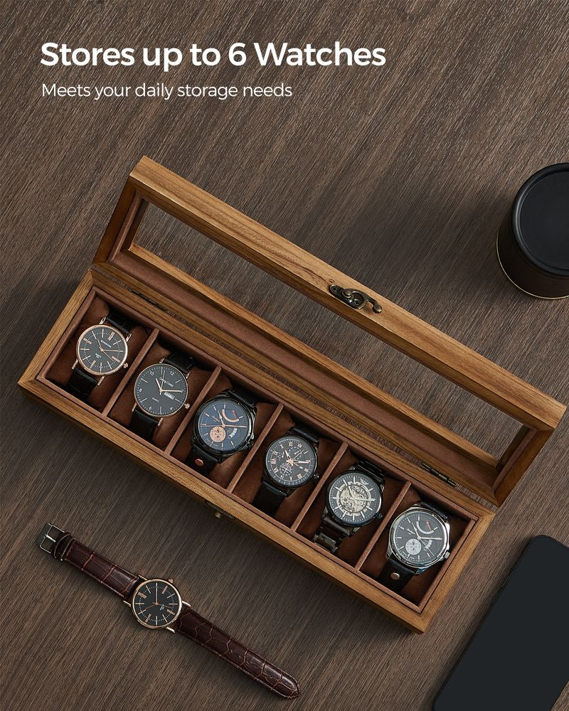 6-Slot Solid Wood Watch Box with Glass Lid, Rustic Walnut Watch Organizer & Display Case