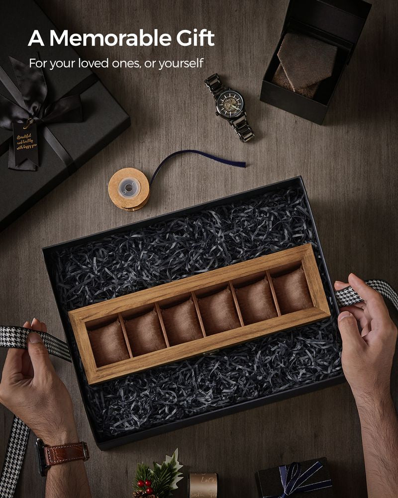 6-Slot Solid Wood Watch Box with Glass Lid, Rustic Walnut Watch Organizer & Display Case